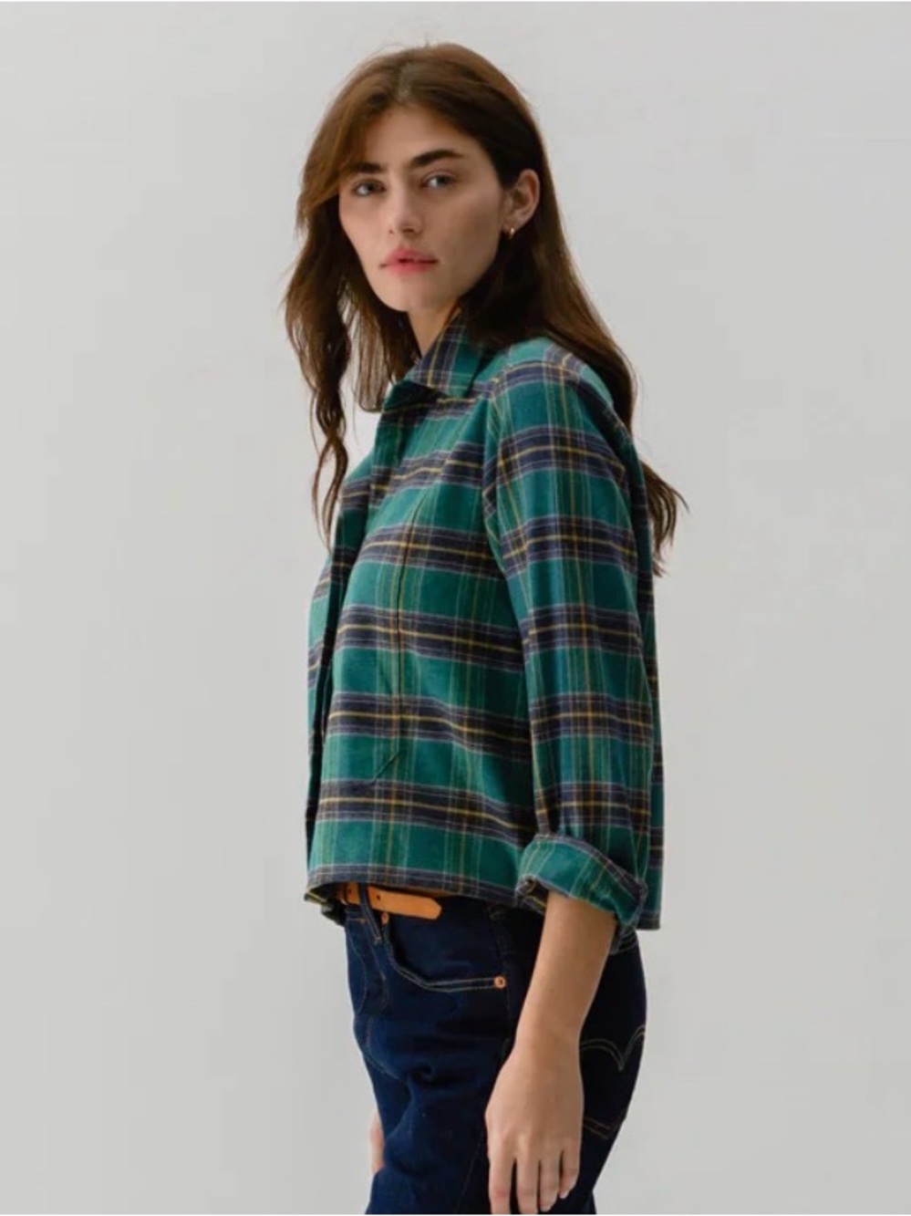Cissa The Bib Shirt Japanese Flannel Green Plaid - Picture 2 of 10